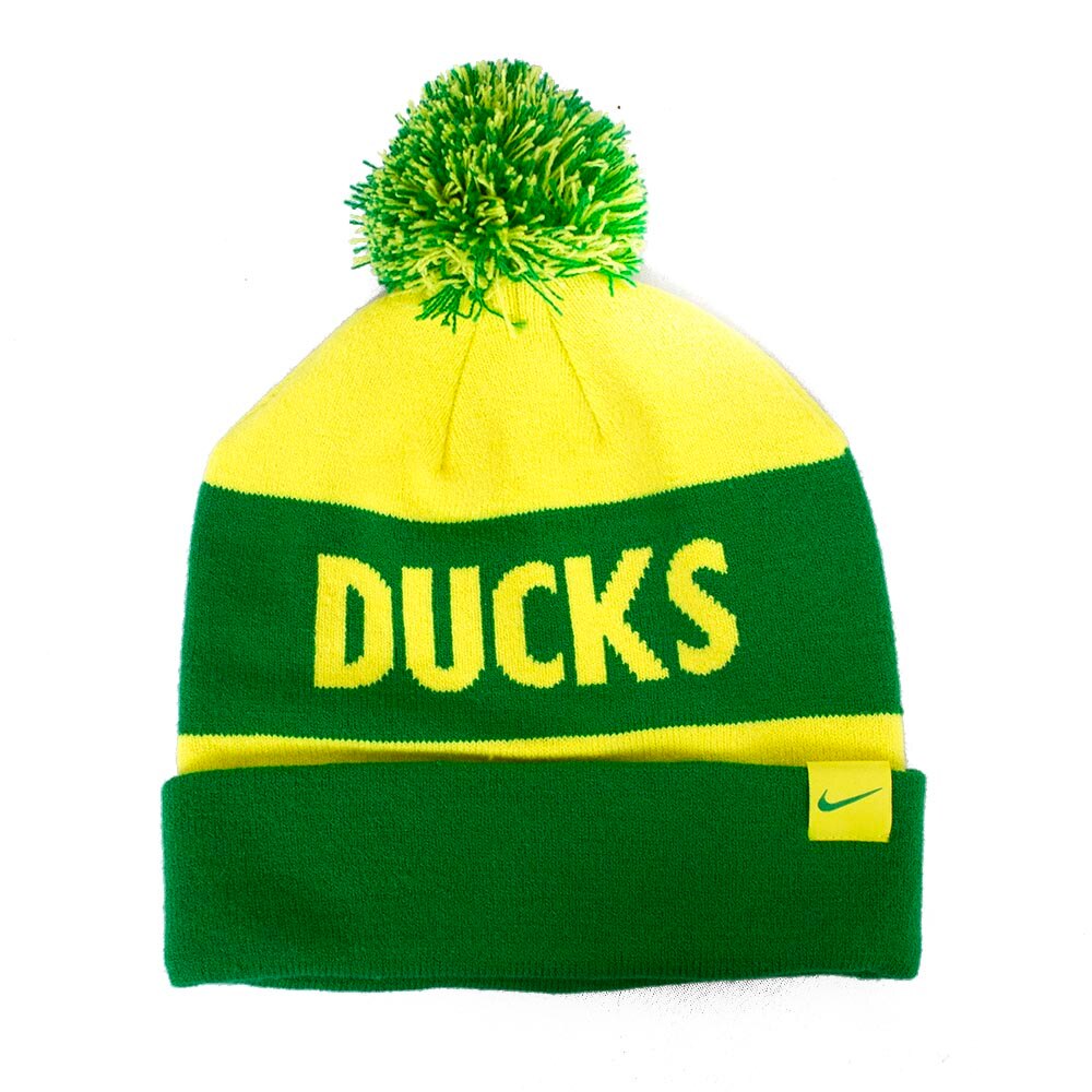 Fighting Duck, Nike, Green, Beanie, Acrylic, Accessories, Youth, Rolled Cuff, Pom, Mighty Oregon, Hat, 859360